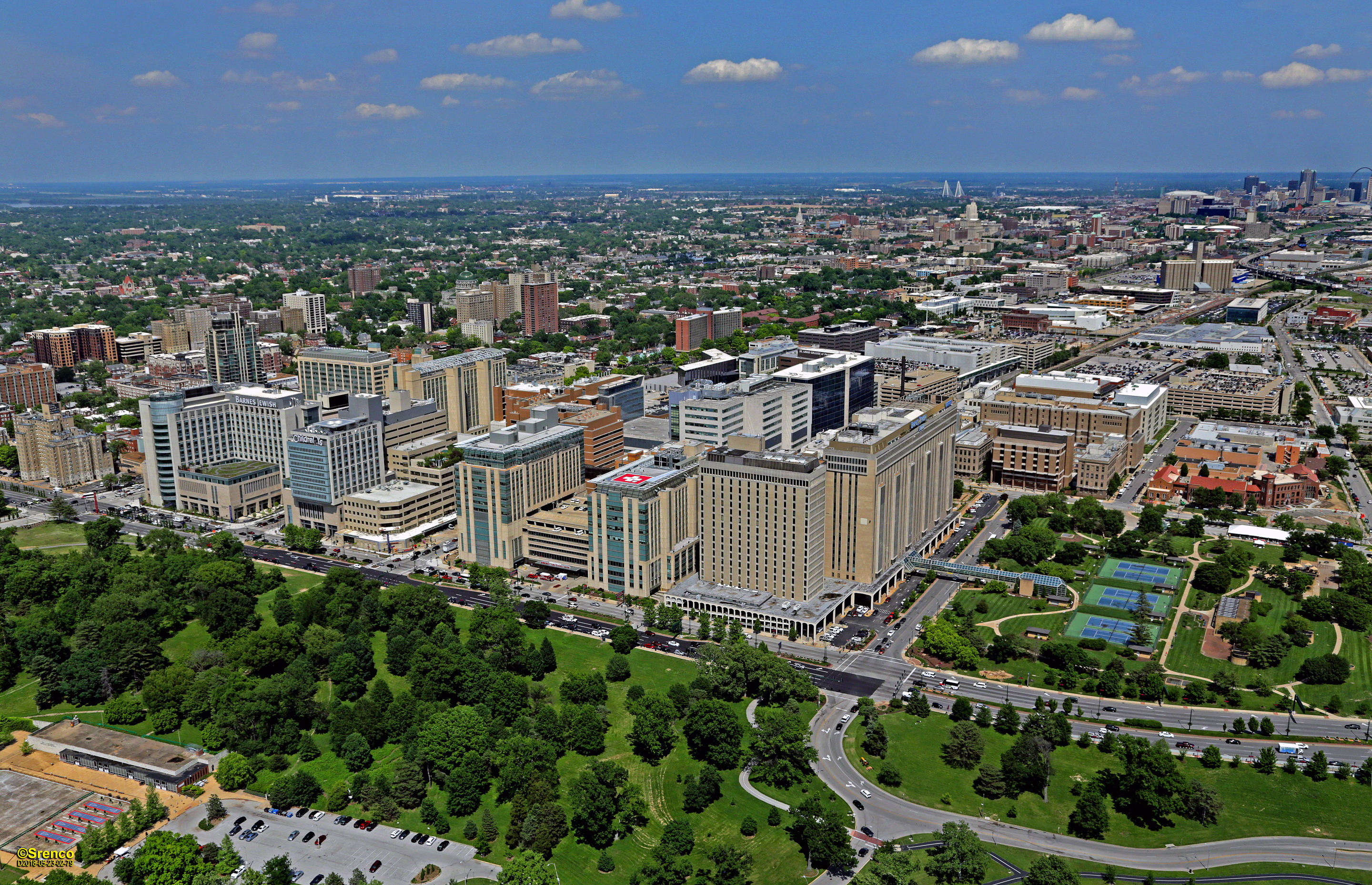 Aerial photo looking down at medical campus buildings